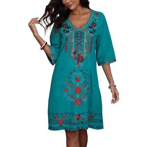 Women's Plus Size Cotton Mexican Fiesta Embroidered Dress Boho Casual